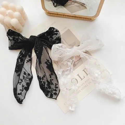 Französischer Vintage Spitze Schleife Haarklammer Langes Band Stickerei Blumen Haargummi Für Damen Süß Elegant Haarschmuck