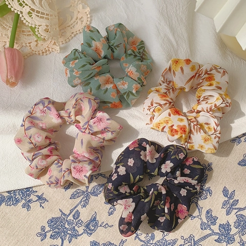 Vintage Floral Chiffon Scrunchies Soft Fabric Hair Ties Pleated Elastic Large Hair Bands For Women Girls Hair Accessories