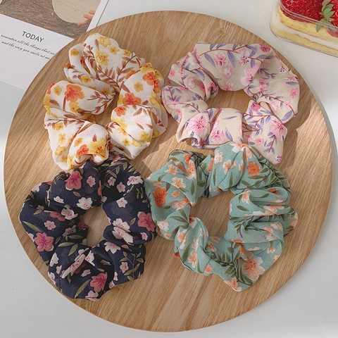 Vintage Floral Chiffon Scrunchies Soft Fabric Hair Ties Pleated Elastic Large Hair Bands For Women Girls Hair Accessories