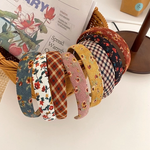 Diadema de Tela Floral a Cuadros Retro Francesa Estilo Bosque Pana Diadema Ancha para Mujer Accesorios de Pelo de Moda Diaria