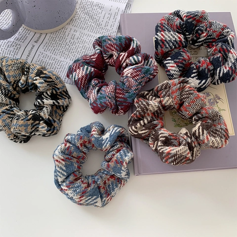 Retro French Plaid Houndstooth Tweed Fabric Scrunchies Vintage Elastic Hair Bands Ponytail Holder Accessories For Women
