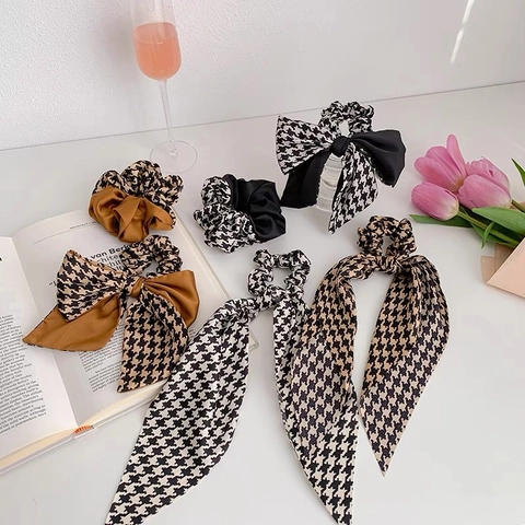 Βίντατζ Houndstooth Ύφασμα Scrunchies Για Γυναίκες Κομψό Patchwork Μεγάλο Λαστιχάκι Μαλλιών Φιόγκος Κορδέλα Ρετρό Αξεσουάρ Μαλλιών