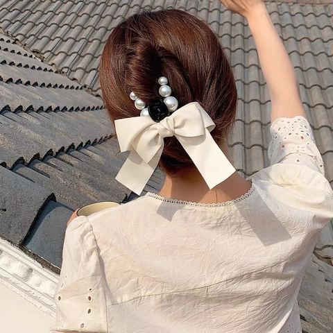 French Elegant Satin Bow Hair Claw Clip With Artificial Pearl For Women Korean Style Large Hair Grip Accessories