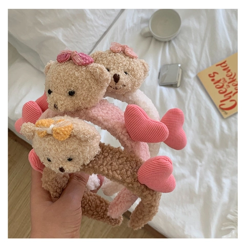 Simpatico Cerchietto Orso Peluche 3D Morbido Cerchietto in Velluto Per Lavaggio Viso Trucco Donna Dolce Cartone Animato Animale Cuore Accessori Capelli