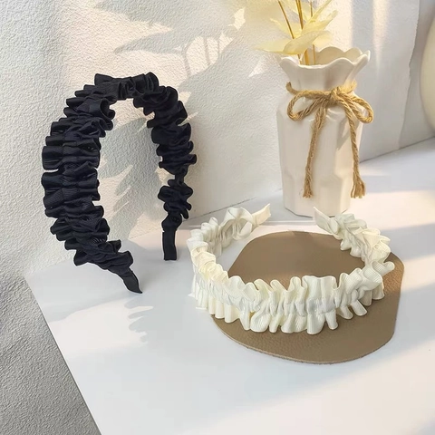 Elegant Wide Pleated Headband Ruched Fabric Hair Band For Women Solid Color Vintage Ruffled Hair Hoop Daily Styling Accessories