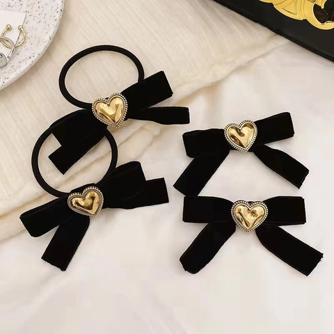 Elastico E Fermaglio Per Capelli Vintage In Velluto Nero Con Fibbia A Cuore Dorato Gioielli Per Capelli Eleganti Da Donna