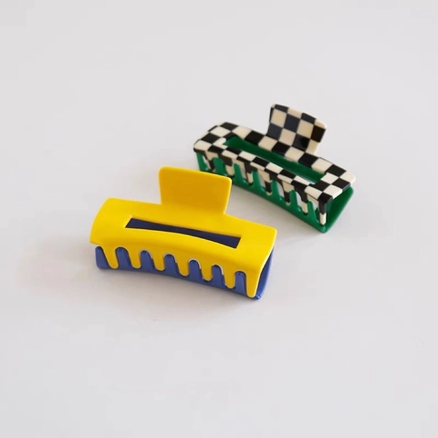 Double Sided Checkerboard Cellulose Acetate Hair Claw Clip Contrast Color Geometric Shark Clip For Women Elegant Hair Accessories