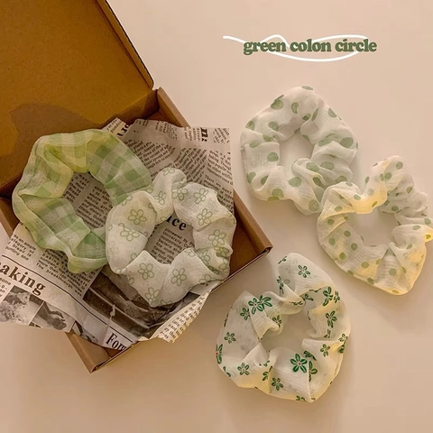 Scrunchies in Tessuto Verde Fresco Dolce Chiffon Pois Reticolo Floreale Elastico per Capelli Donna Ragazze Accessori Capelli