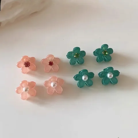 Mini Flower Hair Claw Clips Plastic Resin Artificial Pearl Rhinestone Pink Green Sweet Fashion Hair Jewelry Decoration For Women