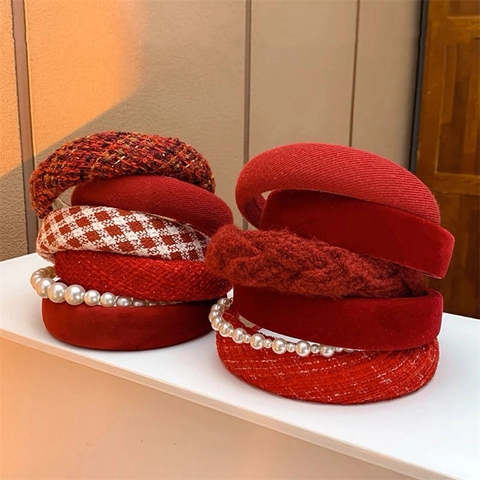 New Year Red Festive Headband For Women Padded Velvet Tweed Plaid Fabric Hair Hoop Artificial Pearl Retro Headwear Accessory