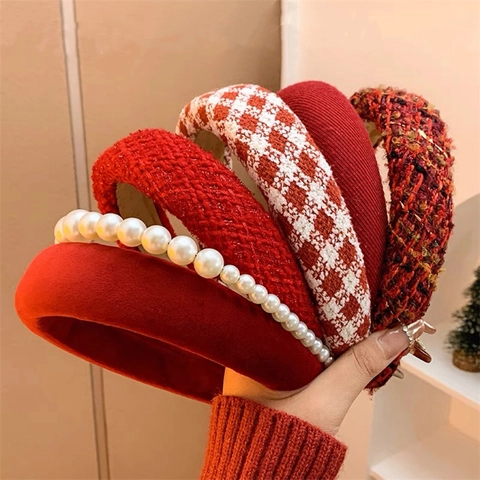New Year Red Festive Headband For Women Padded Velvet Tweed Plaid Fabric Hair Hoop Artificial Pearl Retro Headwear Accessory