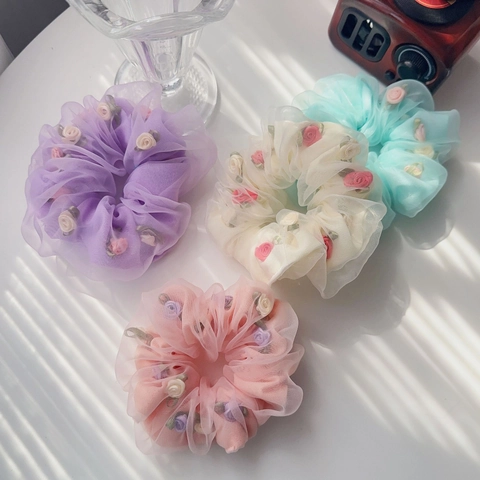 Coleteros de Organza Floral Coreana para Mujer Dulce Flor 3D Malla Lazos para el Cabello Gasa Lunares Satén Diademas Elásticas Accesorios