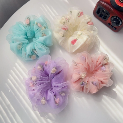 Coleteros de Organza Floral Coreana para Mujer Dulce Flor 3D Malla Lazos para el Cabello Gasa Lunares Satén Diademas Elásticas Accesorios