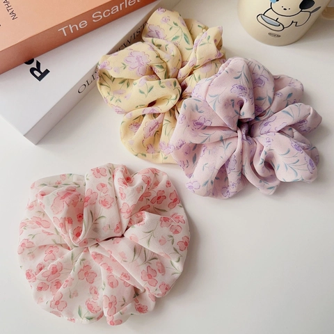 Scrunchies in Rete in Stile Pastorale con Stampa Floreale Elastici per Capelli Fatti a Mano per Donna Accessori Quotidiani
