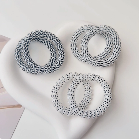 Minimalistische Telefonkabel Spiral Haargummis Für Damen Schwarz Weiß Schachbrett Herz Stern Muster Elastische Haarbänder