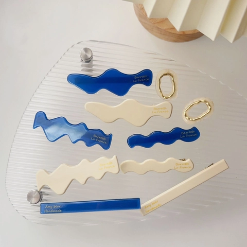 Eleganti Mollette per Capelli in Acetato a Onda Stile Coreano Blu Crema Geometriche Clip a Becco d'Anatra per Donna