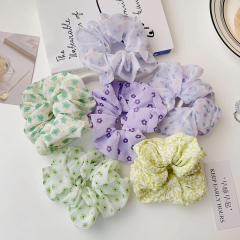Japanese Style Floral Fabric Scrunchies Elegant Oversized Hair Ties Fresh Chiffon Ponytail Holder Sweet Headwear For Women Girls