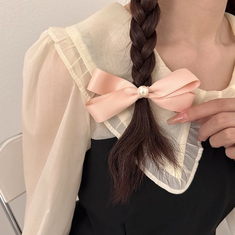 Sweet Satin Bow Hair Clip For Women Korean Style Elegant Handmade Hair Accessory With Artificial Pearl Heart Rhinestone