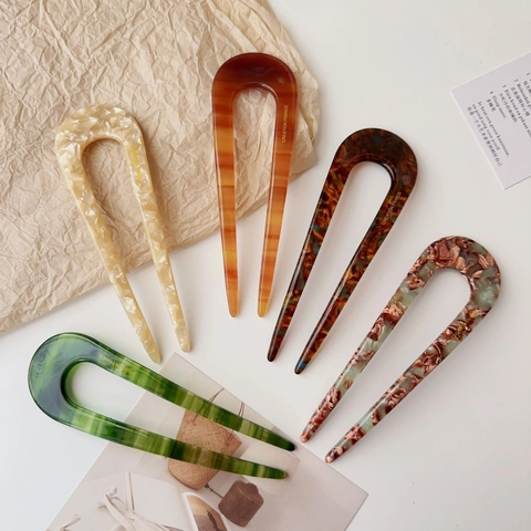 Acetaat U-Vormige Haarvork Voor Dames Modern Minimalistisch Schildpad Marmerpatroon Haarstok Franse Haarpeld Knot Accessoire