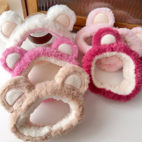 Cute Plush Bear Ear Headband For Face Washing Makeup Soft Elastic Hair Band For Women Girls Spa Skincare Hair Accessories