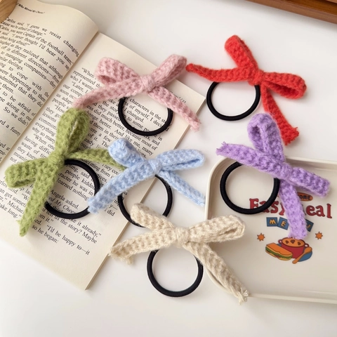 Handgefertigt Gestrickte Wollgarn Schleife Haargummi Hohe Elastische Gummiband Süße Schleife Haarring Für Damen Mädchen Täglich Haarschmuck