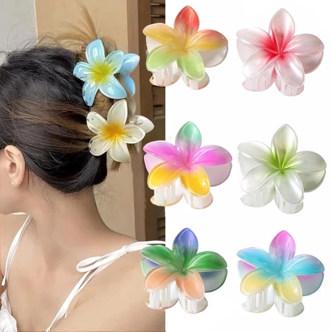 Hawaiian Plumeria Flower Hair Claw Clip For Women Gradient Resin Sweet Vacation Beach Shark Clip Hair Accessories Headwear