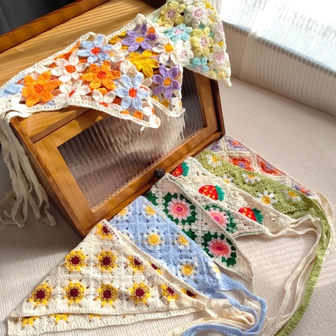 Bandana Triangle en Crochet Fait Main Style Pastoral Rétro Foulard Cheveux Ajouré Accessoires Cheveux Femme