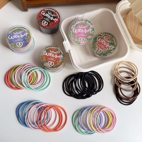 Colorful High Elasticity Hair Ties For Girls Fabric Seamless Rubber Bands Versatile Hair Ropes With Floral Storage Box