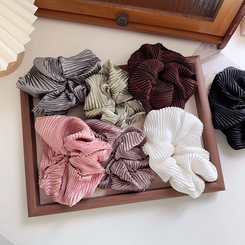 French Retro Pleated Satin Scrunchie Large Elastic Hair Tie Solid Color Oversized Silk Feel Hair Accessories For Women Girls