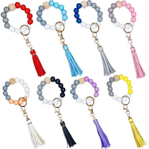 Silicone Wood Bead Wristlet Keychain With PU Leather Tassel Beaded Bracelet Key Ring Holder For Women Fashion Jewelry
