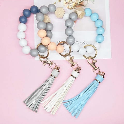 Silicone Wood Bead Wristlet Keychain With PU Leather Tassel Beaded Bracelet Key Ring Holder For Women Fashion Jewelry