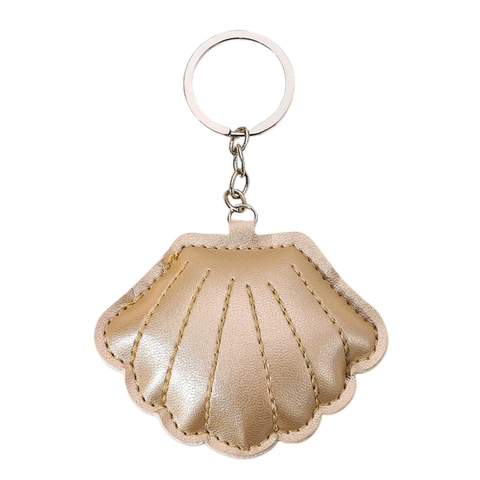 Llavero de Concha de Cuero PU Dorado con Costuras Acolchadas Colgante de Bolso de Concha para Mujeres Hombres Accesorios de Llavero de Coche