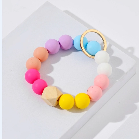 Colorful Silicone Bead Wristlet Keychain Geometric Wood Bead Pendant Accessory For Women Hand Bracelet Key Ring For Bag Decoration