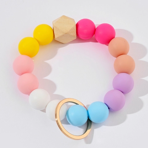 Colorful Silicone Bead Wristlet Keychain Geometric Wood Bead Pendant Accessory For Women Hand Bracelet Key Ring For Bag Decoration