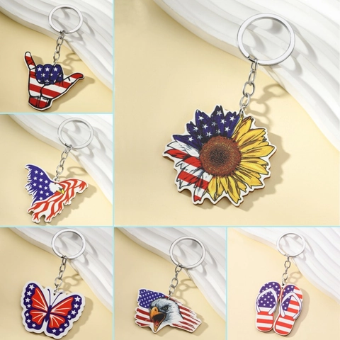 USA Flagge Holz Schlüsselanhänger Unabhängigkeitstag Patriotisch Adler Schmetterling Sonnenblume Form Schlüsselring Damen Herren Schmuck