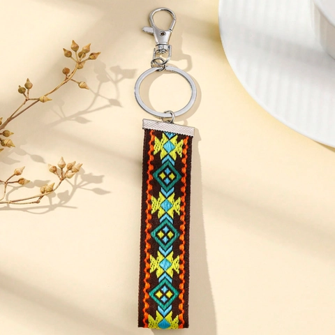 Ethnic Embroidered Floral Geometric Keychain Lanyard Bohemian Style Alloy Lobster Clasp Bag Charm Pendant Key Ring for Gift