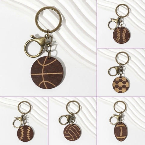 Vintage Wooden Sports Keychain Round Basketball Soccer Baseball Volleyball Pattern Antique Bronze Alloy Clasp Wood Hanging Decor