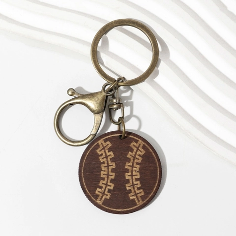 Vintage Wooden Sports Keychain Round Basketball Soccer Baseball Volleyball Pattern Antique Bronze Alloy Clasp Wood Hanging Decor