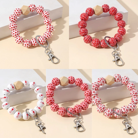Valentine's Day Wooden Bead Keychain Bracelet Heart Leopard Print Pattern Cute Beaded Key Ring For Women Gift Accessories