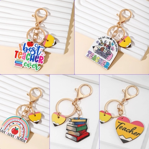 Regalo Apprezzamento Insegnante Portachiavi in Legno Con Matita Mela Arcobaleno Modelli Colorati Stampa Ciondolo Borsa Per Insegnanti