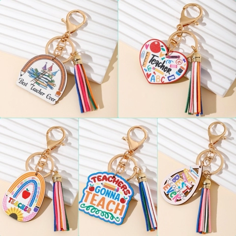 Porte-clés en Bois pour Enseignant Style Américain Gland Coloré Arc-en-ciel Pomme Best Teacher Ever Cadeau de Remise de Diplôme