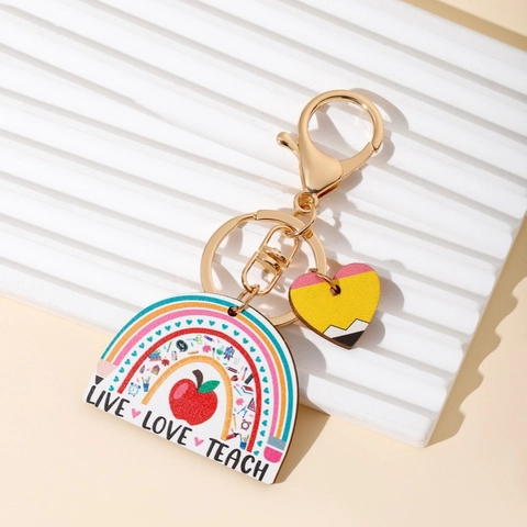 Regalo Apprezzamento Insegnante Portachiavi in Legno Con Matita Mela Arcobaleno Modelli Colorati Stampa Ciondolo Borsa Per Insegnanti