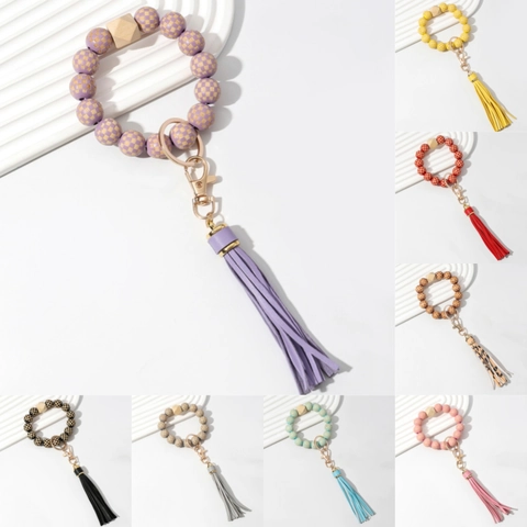 Checkerboard Wooden Bead Tassel Keychain Bracelet Bangle Wristlet Key Ring For Women Car Bag Charm Accessory Jewelry Gift