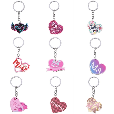 Heart Wooden Keychain For Women Mother's Day Mama Mom Lettering Floral Leopard Print Heart Pendant Metal Ring Gift Accessories