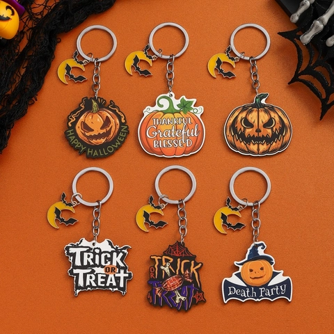 Halloween Holz Schlüsselanhänger Kürbis Fledermaus Geist Mond Anhänger Schlüsselring Trick Or Treat Geschenk Party Zubehör Unisex