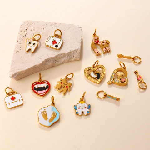 Stainless Steel Enamel Medical Theme Pendants Creative Teeth First Aid Kit Heart Baby Footprints Jewelry Making DIY Charms