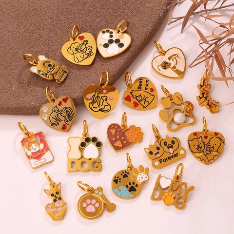 Stainless Steel Enamel Pet Pendant Gold Paw Print Heart Bone Dog Cat Charms For DIY Jewelry Making Accessories For Women