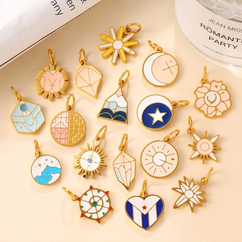 Edelstahl Himmlische Charms Für Schmuckherstellung DIY Emaille Sonne Mond Stern Herz Geometrische Anhänger Halskette Armband Bastelbedarf