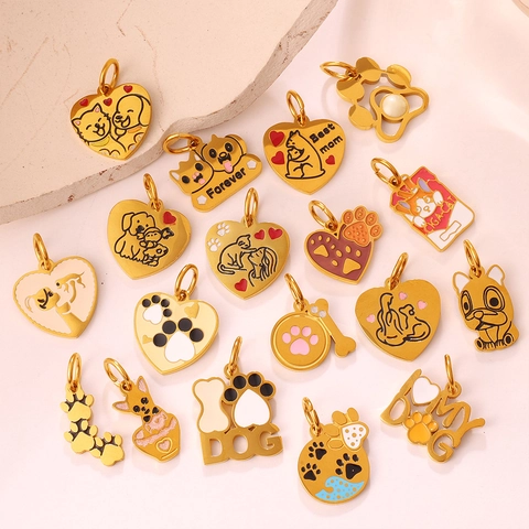 Stainless Steel Enamel Pet Pendant Gold Paw Print Heart Bone Dog Cat Charms For DIY Jewelry Making Accessories For Women