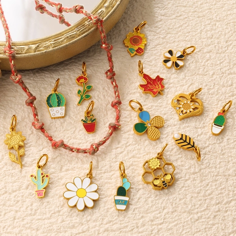 Edelstahl Emaille Blume Kaktus Biene Anhänger Für DIY Schmuckherstellung Bunte Florale Botanische Charms Für Damen Mädchen